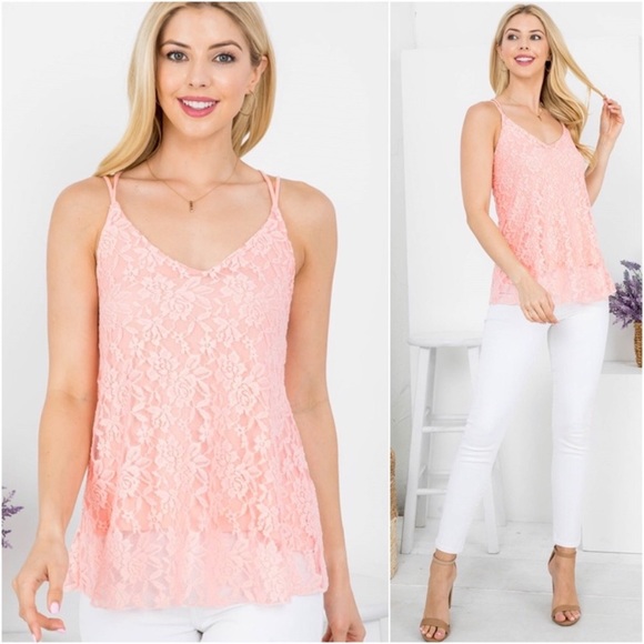 New Blushing Pink Lace Cross Back Thin Strap Elegant Romantic Tank Top - Picture 1 of 3